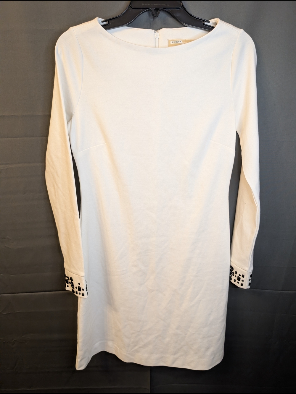 Michael Kors Winter White Long-Sleeve Shift Dress with Embellished Cuffs